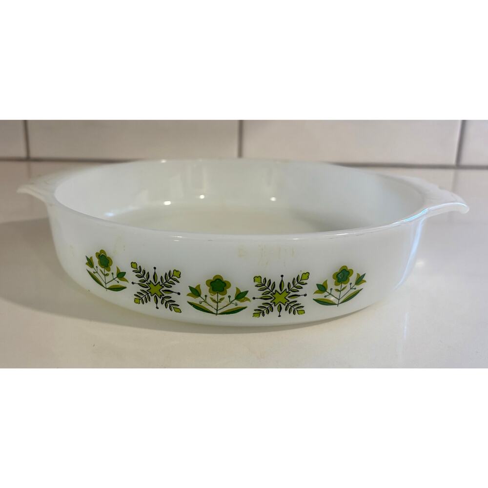Vintage Anchor Hocking Fire King USA Round Casserole Dish Green Meadow